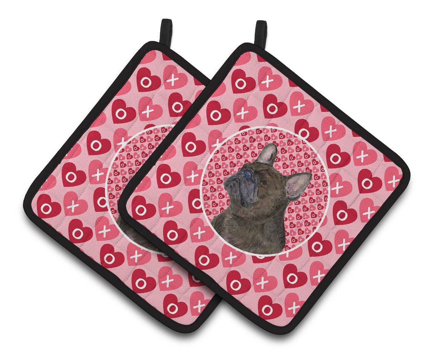 French Bulldog Hearts Love and Valentine's Day Portrait Pair of Pot Holders SS4519PTHD - the-store.com