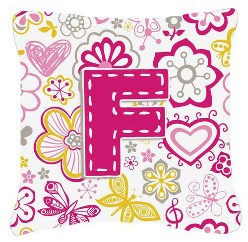 Letter F Flowers and Butterflies Pink Canvas Fabric Decorative Pillow CJ2005-FPW1414 by Caroline&#39;s Treasures