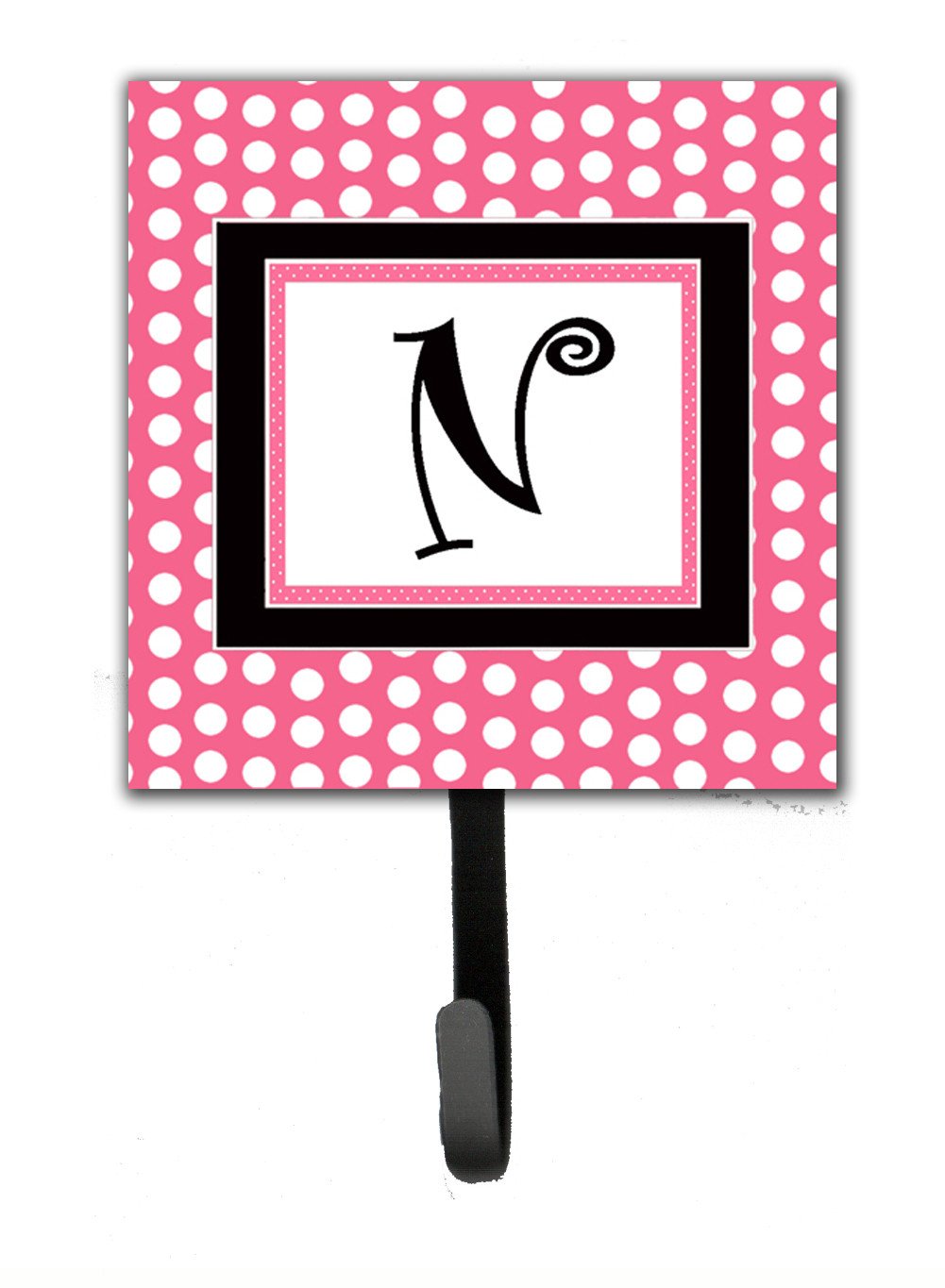 Letter N Initial Monogram - Pink Black Polka Dots Leash Holder or Key Hook by Caroline&#39;s Treasures