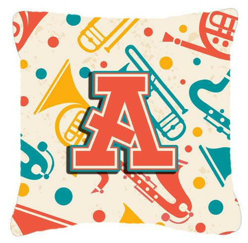Letter A Retro Teal Orange Musical Instruments Initial Canvas Fabric Decorative Pillow CJ2001-APW1414 by Caroline&#39;s Treasures