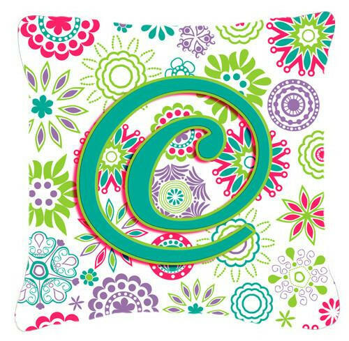 Letter C Flowers Pink Teal Green Initial Canvas Fabric Decorative Pillow CJ2011-CPW1414 by Caroline&#39;s Treasures