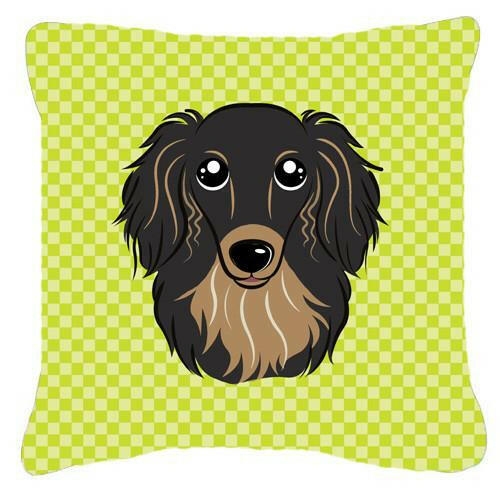 Checkerboard Lime Green Longhair Black and Tan Dachshund Canvas Fabric Decorative Pillow BB1275PW1414 - the-store.com