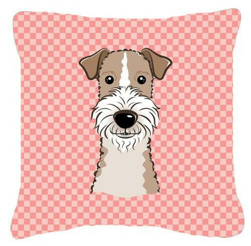 Checkerboard Pink Wire Haired Fox Terrier Canvas Fabric Decorative Pillow BB1247PW1414 - the-store.com