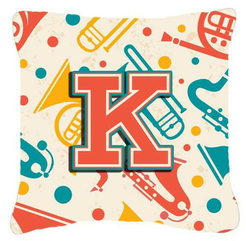 Letter K Retro Teal Orange Musical Instruments Initial Canvas Fabric Decorative Pillow CJ2001-KPW1414 by Caroline&#39;s Treasures