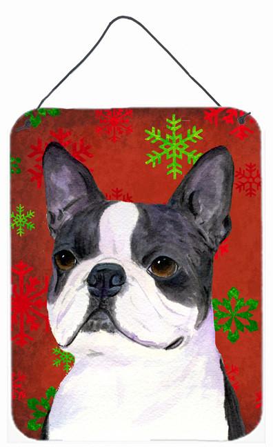 Boston Terrier Red Snowflakes Holiday Christmas Wall or Door Hanging Prints by Caroline's Treasures
