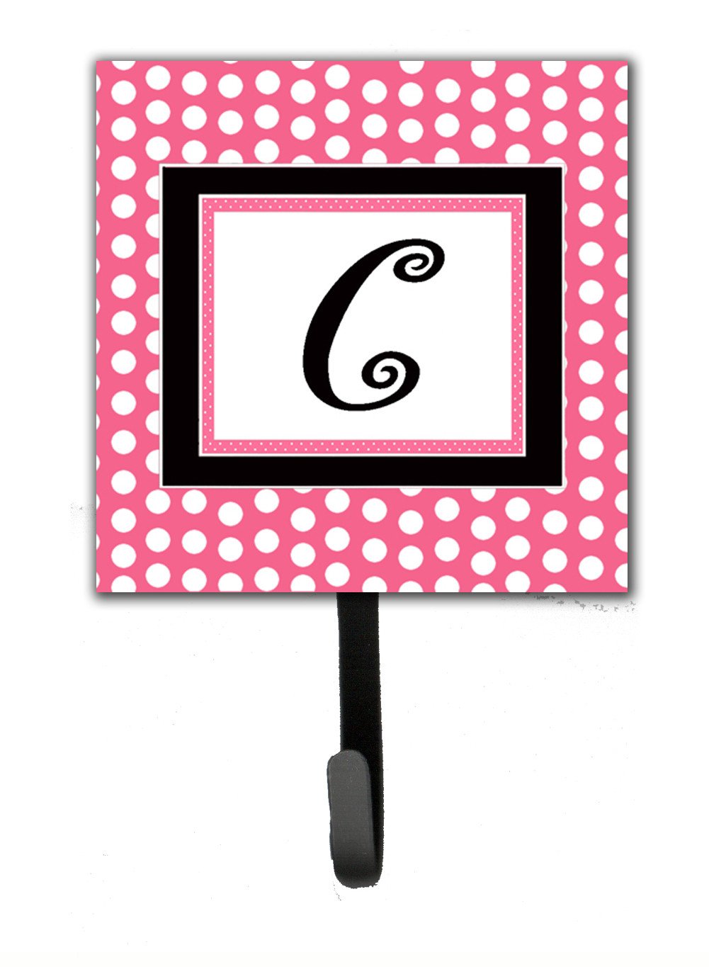 Letter C Initial Monogram - Pink Black Polka Dots Leash Holder or Key Hook by Caroline&#39;s Treasures