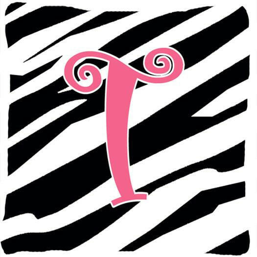 Monogram Initial T Zebra Stripe and Pink Decorative Canvas Fabric Pillow CJ1037 - the-store.com