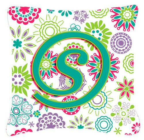 Letter S Flowers Pink Teal Green Initial Canvas Fabric Decorative Pillow CJ2011-SPW1414 by Caroline&#39;s Treasures