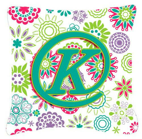 Letter K Flowers Pink Teal Green Initial Canvas Fabric Decorative Pillow CJ2011-KPW1414 by Caroline&#39;s Treasures