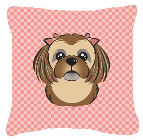Checkerboard Pink Chocolate Brown Shih Tzu Canvas Fabric Decorative Pillow BB1249PW1414 - the-store.com