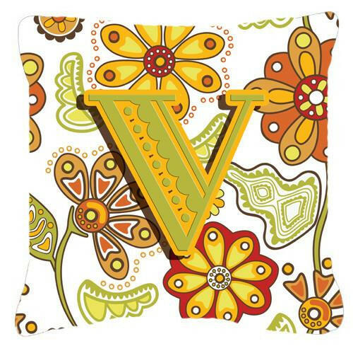 Letter V Floral Mustard and Green Canvas Fabric Decorative Pillow CJ2003-VPW1414 by Caroline&#39;s Treasures