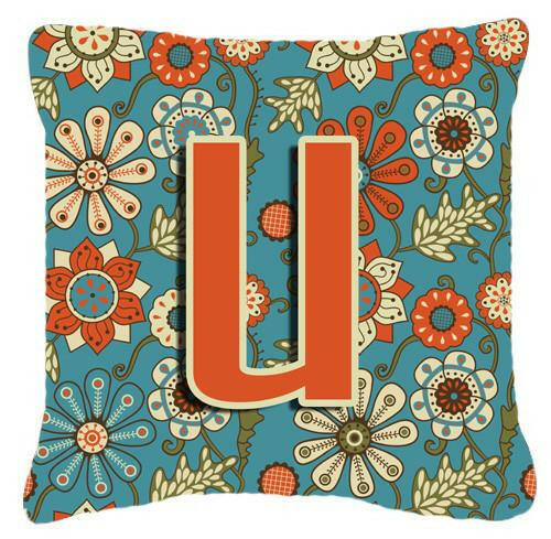 Letter U Flowers Retro Blue Canvas Fabric Decorative Pillow CJ2012-UPW1414 by Caroline&#39;s Treasures