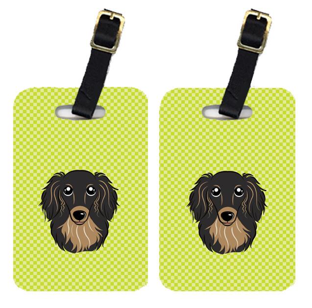 Pair of Checkerboard Lime Green Longhair Black and Tan Dachshund Luggage Tags by Caroline&#39;s Treasures