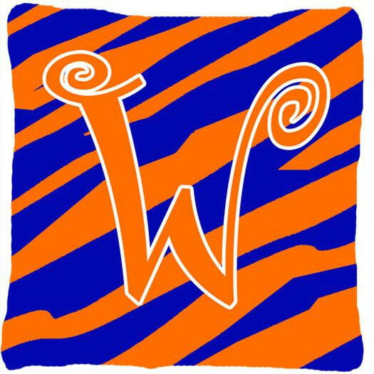 Monogram Initial W Tiger Stripe Blue and Orange Decorative Canvas Fabric Pillow - the-store.com