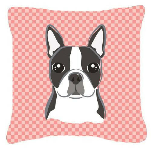 Checkerboard Pink Boston Terrier Canvas Fabric Decorative Pillow BB1203PW1414 - the-store.com