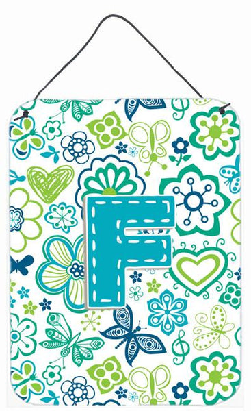 Letter F Flowers and Butterflies Teal Blue Wall or Door Hanging Prints CJ2006-FDS1216 by Caroline's Treasures