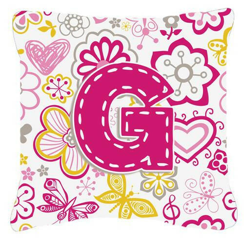 Letter G Flowers and Butterflies Pink Canvas Fabric Decorative Pillow CJ2005-GPW1414 by Caroline&#39;s Treasures