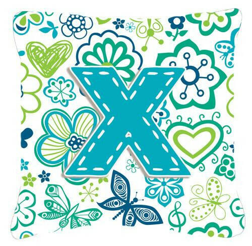 Letter X Flowers and Butterflies Teal Blue Canvas Fabric Decorative Pillow CJ2006-XPW1414 by Caroline&#39;s Treasures