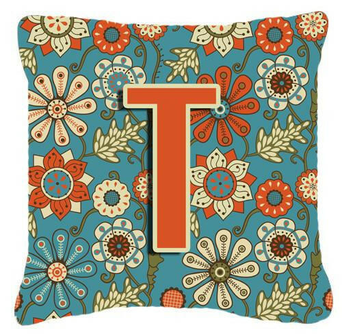 Letter T Flowers Retro Blue Canvas Fabric Decorative Pillow CJ2012-TPW1414 by Caroline&#39;s Treasures