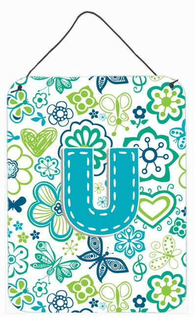 Caroline's Treasures Letter U Flowers and Butterflies Teal Blue Wall or Door Hanging Prints CJ2006-UDS1216