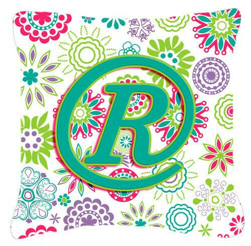 Letter R Flowers Pink Teal Green Initial Canvas Fabric Decorative Pillow CJ2011-RPW1414 by Caroline&#39;s Treasures