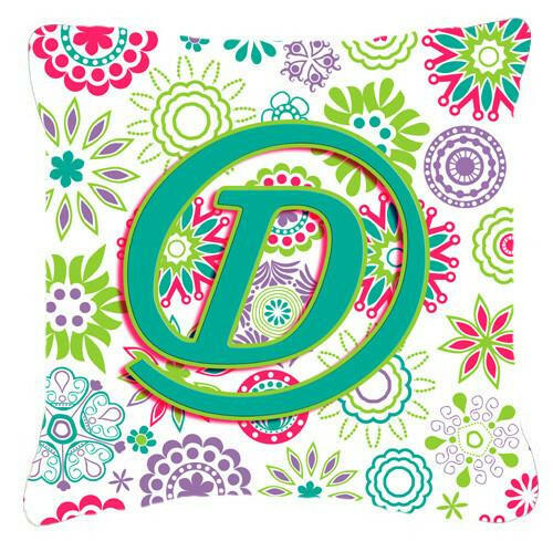 Letter D Flowers Pink Teal Green Initial Canvas Fabric Decorative Pillow CJ2011-DPW1414 by Caroline&#39;s Treasures