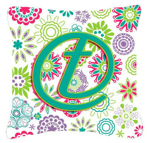 Letter T Flowers Pink Teal Green Initial Canvas Fabric Decorative Pillow CJ2011-TPW1414 by Caroline&#39;s Treasures