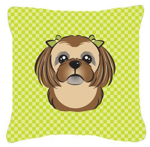 Checkerboard Lime Green Chocolate Brown Shih Tzu Canvas Fabric Decorative Pillow BB1311PW1414 - the-store.com