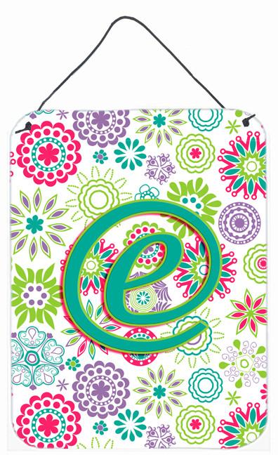 Letter E Flowers Pink Teal Green Initial Wall or Door Hanging Prints CJ2011-EDS1216 by Caroline&#39;s Treasures