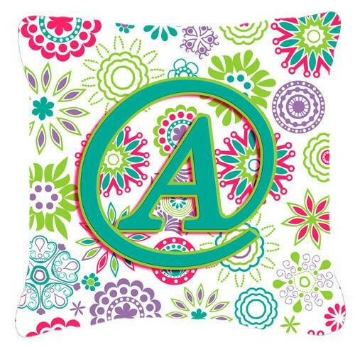Letter A Flowers Pink Teal Green Initial Canvas Fabric Decorative Pillow CJ2011-APW1414 by Caroline&#39;s Treasures