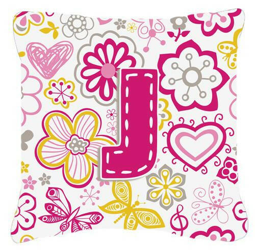Letter J Flowers and Butterflies Pink Canvas Fabric Decorative Pillow CJ2005-JPW1414 by Caroline&#39;s Treasures