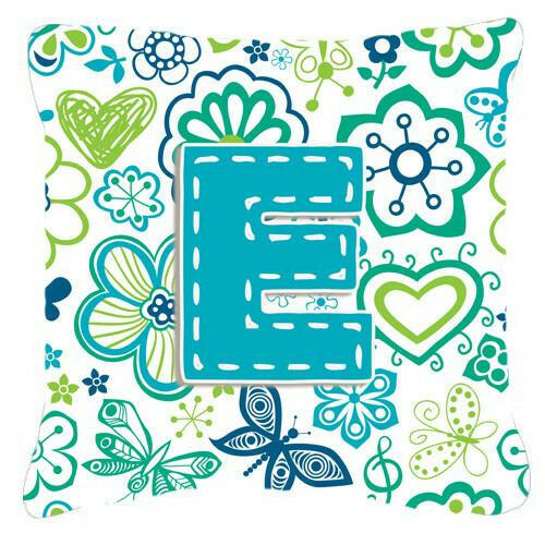 Letter E Flowers and Butterflies Teal Blue Canvas Fabric Decorative Pillow CJ2006-EPW1414 by Caroline&#39;s Treasures