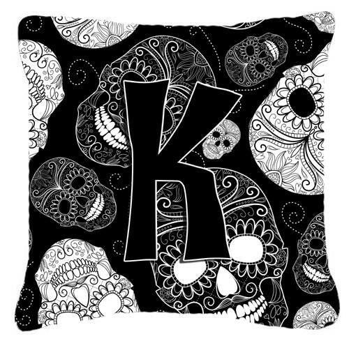 Letter K Day of the Dead Skulls Black Canvas Fabric Decorative Pillow CJ2008-KPW1414 by Caroline&#39;s Treasures