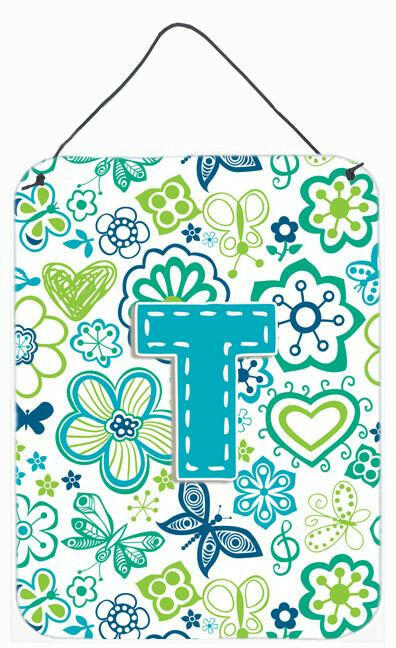 Caroline's Treasures Letter T Flowers and Butterflies Teal Blue Wall or Door Hanging Prints CJ2006-TDS1216