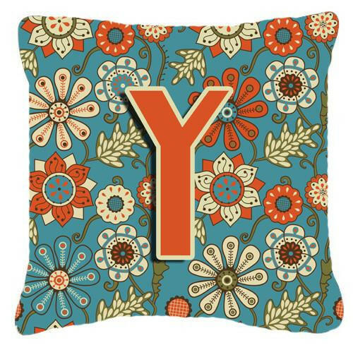 Letter Y Flowers Retro Blue Canvas Fabric Decorative Pillow CJ2012-YPW1414 by Caroline&#39;s Treasures