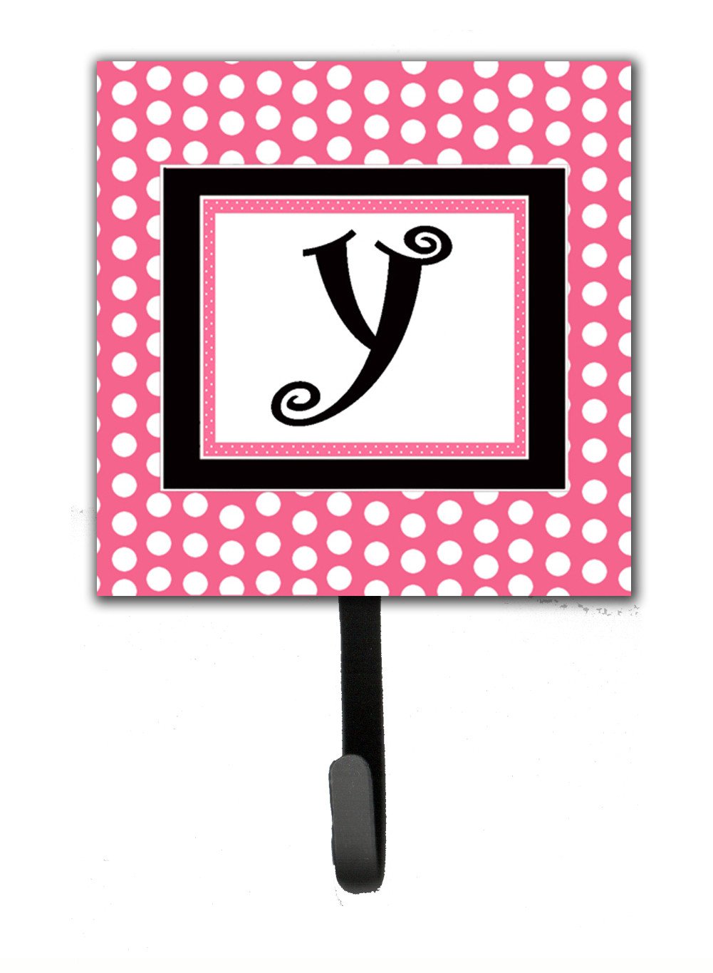 Letter Y Initial Monogram - Pink Black Polka Dots Leash Holder or Key Hook by Caroline&#39;s Treasures