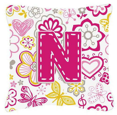 Letter N Flowers and Butterflies Pink Canvas Fabric Decorative Pillow CJ2005-NPW1414 by Caroline&#39;s Treasures