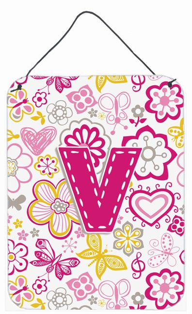 Letter V Flowers and Butterflies Pink Wall or Door Hanging Prints CJ2005-VDS1216 by Caroline&#39;s Treasures