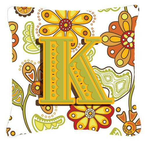 Letter K Floral Mustard and Green Canvas Fabric Decorative Pillow CJ2003-KPW1414 by Caroline&#39;s Treasures