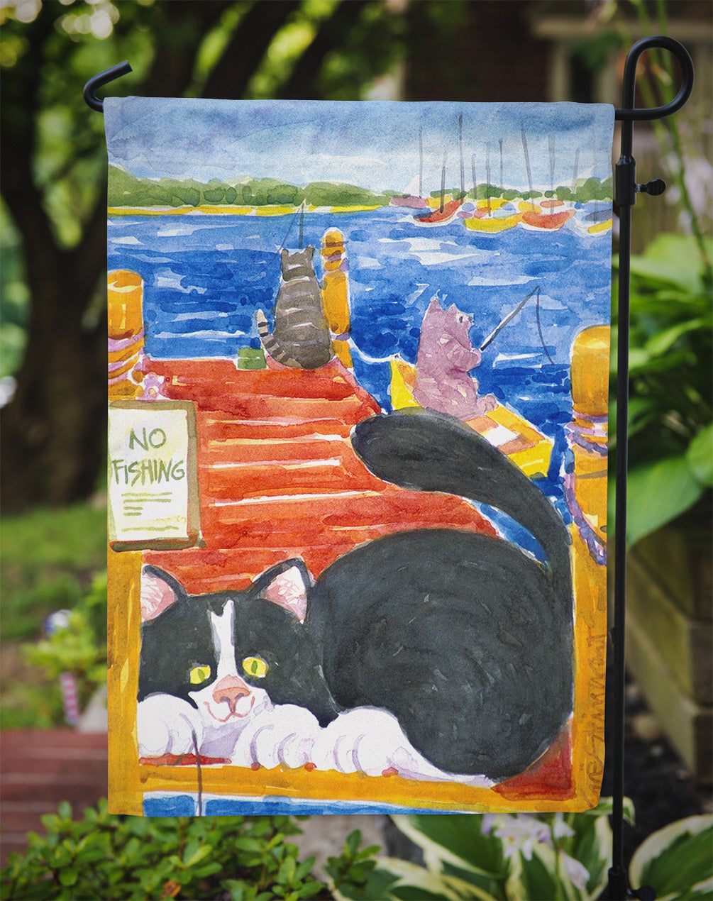 Black and White Cat  No Fishing Flag Garden Size