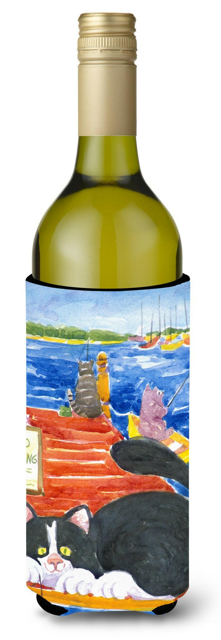 Cat Fishing from the dock Wine Bottle Beverage Insulator Beverage Insulator Hugger by Caroline&#39;s Treasures