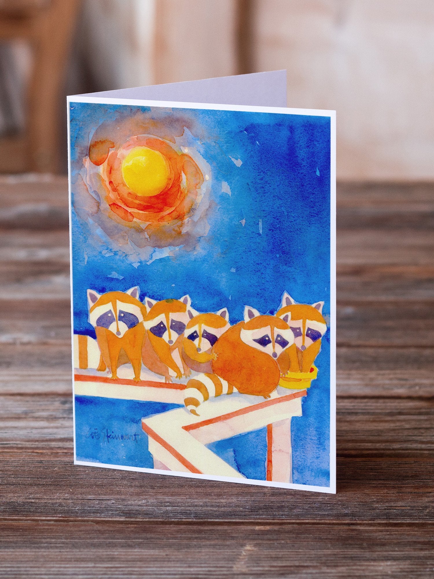 Raccoons on the railing Greeting Cards and Envelopes Pack of 8 - the-store.com