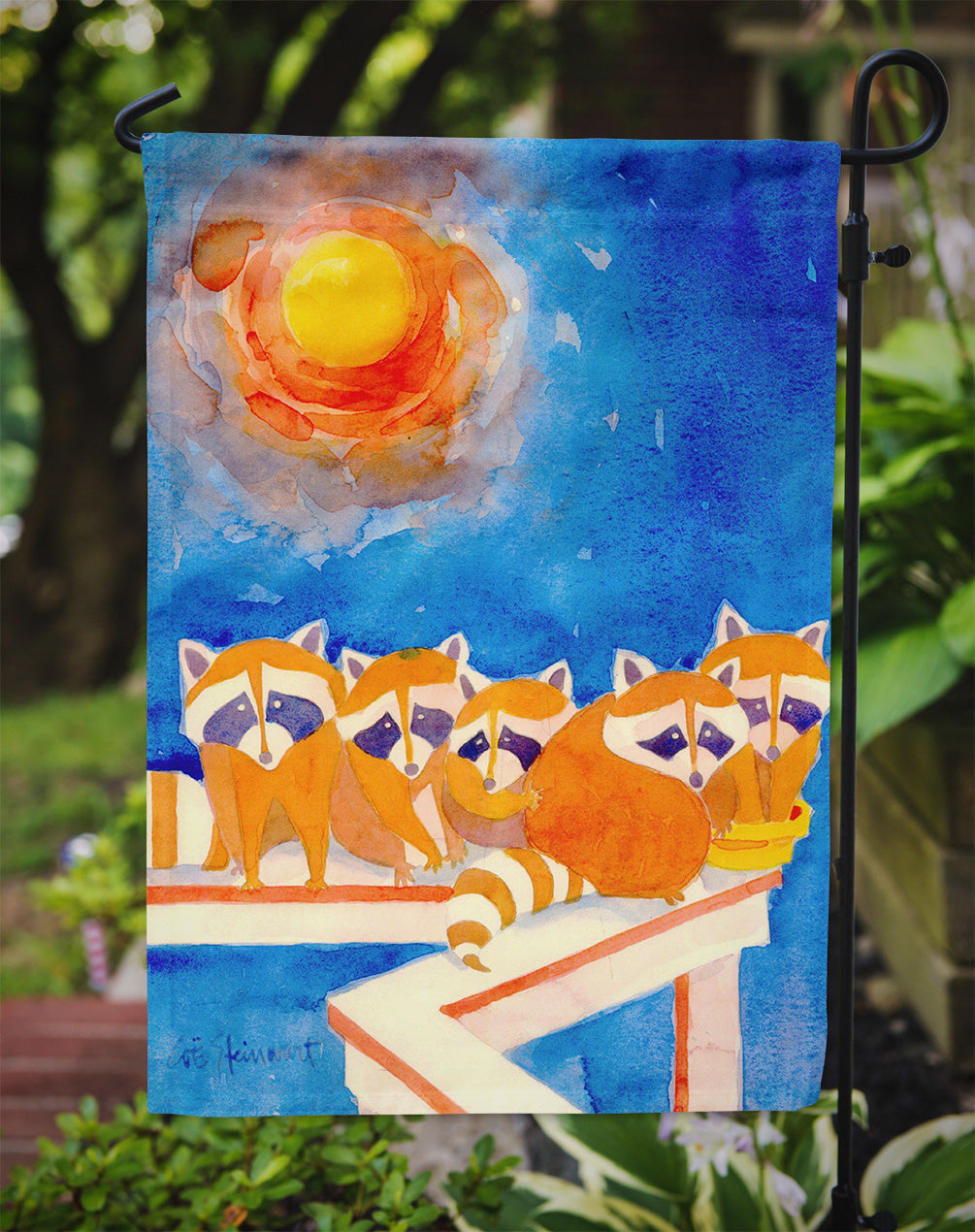 Raccoons on the porch  Flag Garden Size.