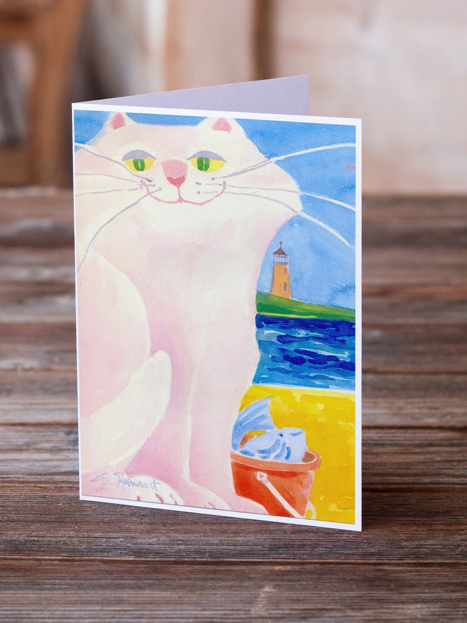 Buy this Big white Cat at the beach Greeting Cards and Envelopes Pack of 8