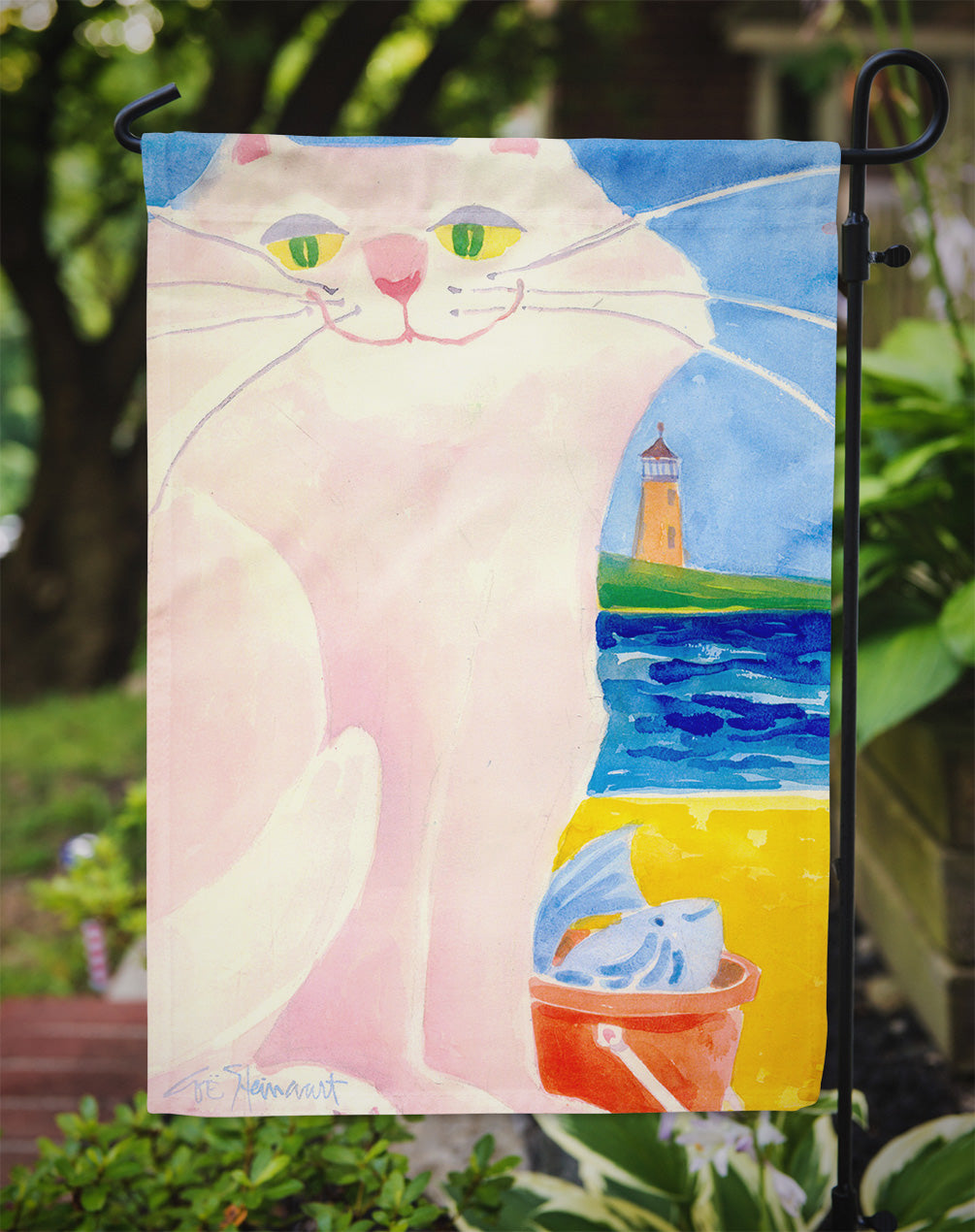 White Cat by the Lighthouse  Flag Garden Size.