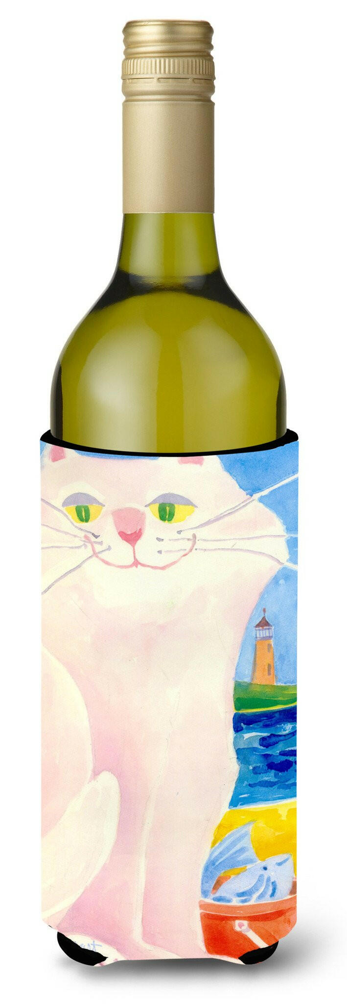 Big white Cat at the beach Wine Bottle Beverage Insulator Beverage Insulator Hugger by Caroline&#39;s Treasures
