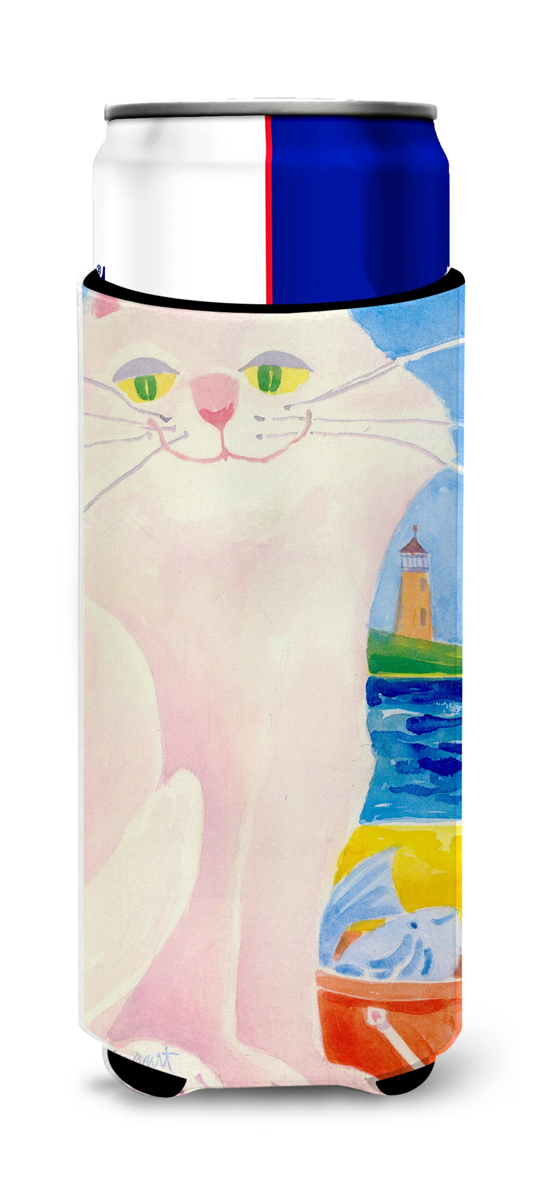 Big white Cat at the beach Ultra Beverage Insulators for slim cans 6018MUK.