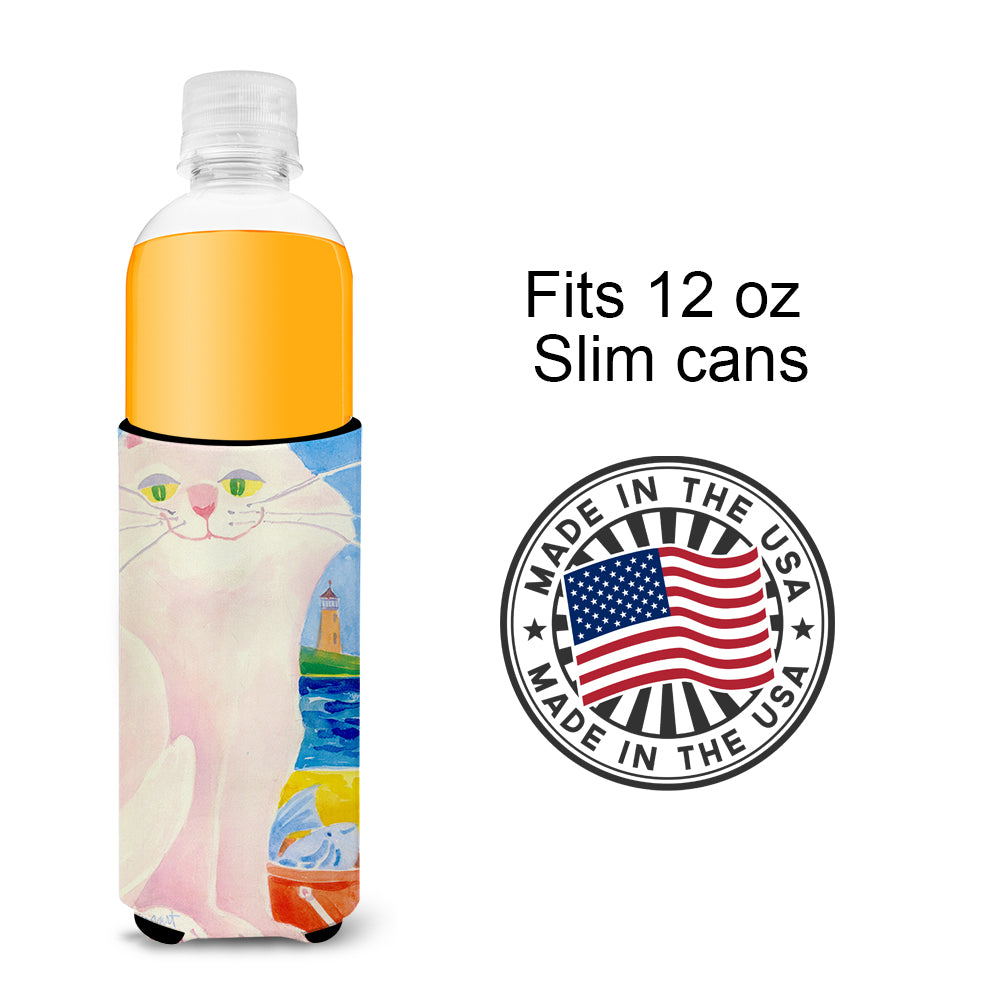Big white Cat at the beach Ultra Beverage Insulators for slim cans 6018MUK.