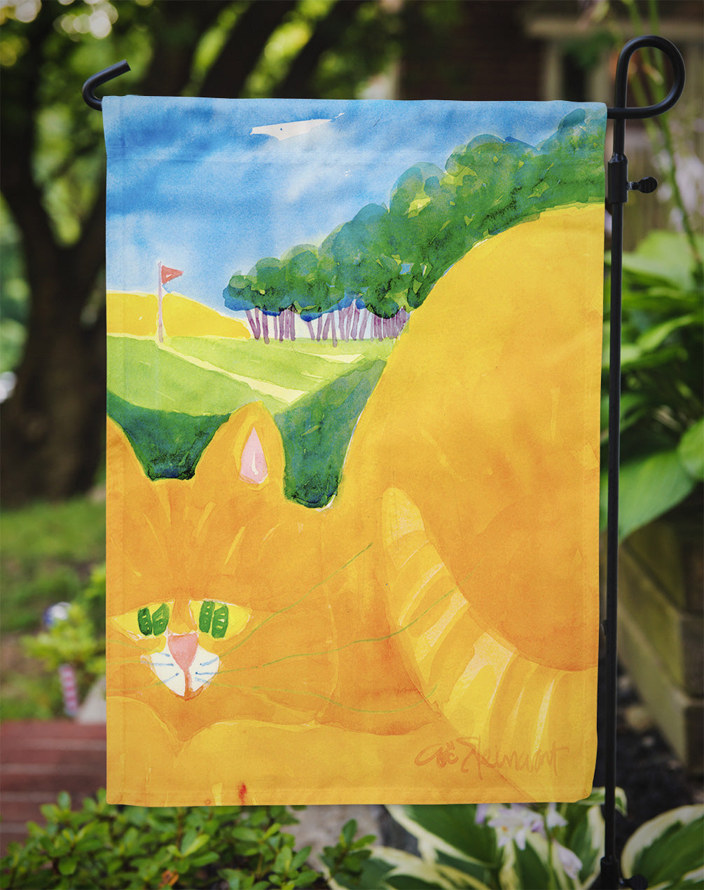 Orange Tabby Cat on the Green Golfer  Flag Garden Size.