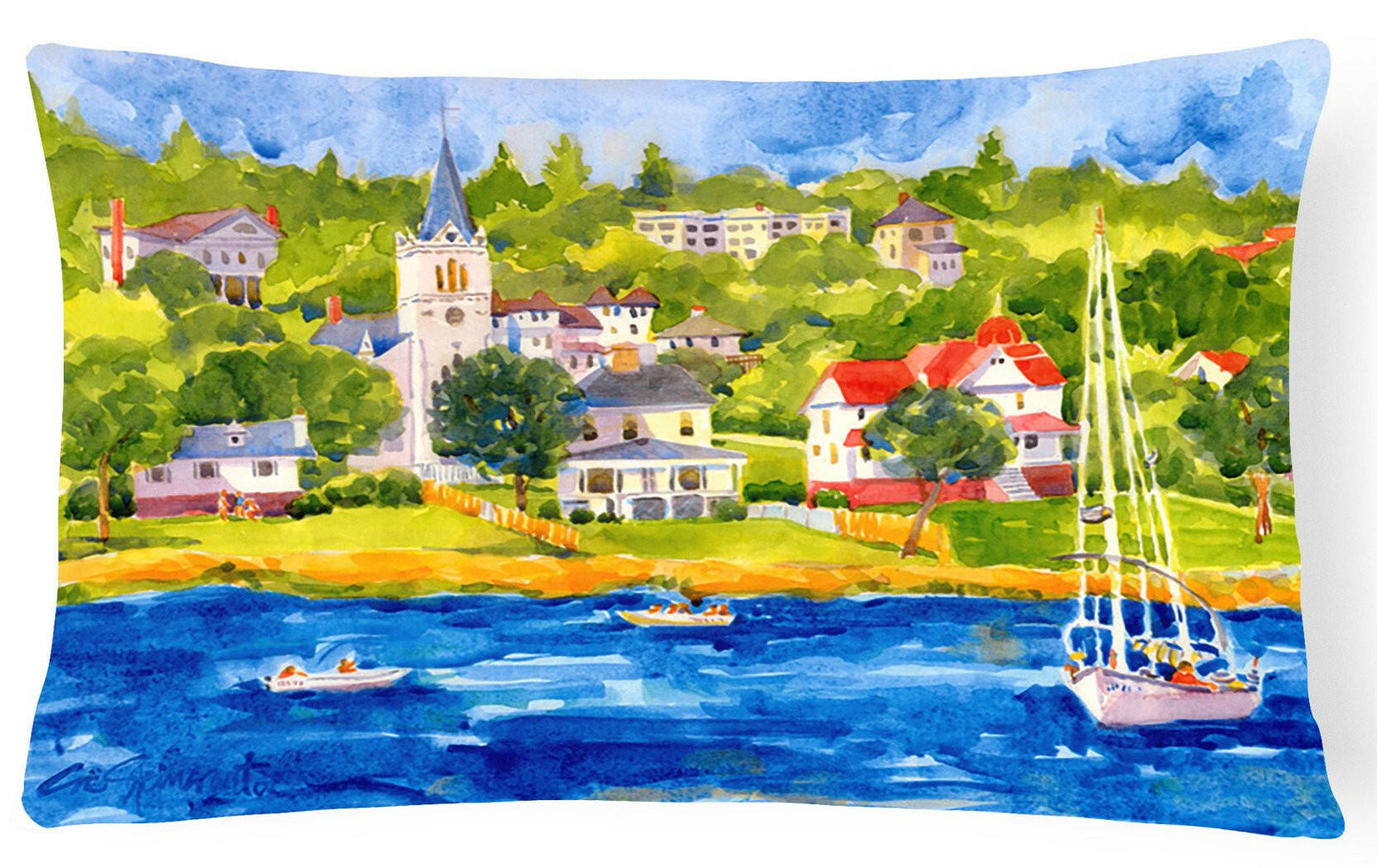 Harbour Scene with Sailboat  Decorative   Canvas Fabric Pillow by Caroline's Treasures